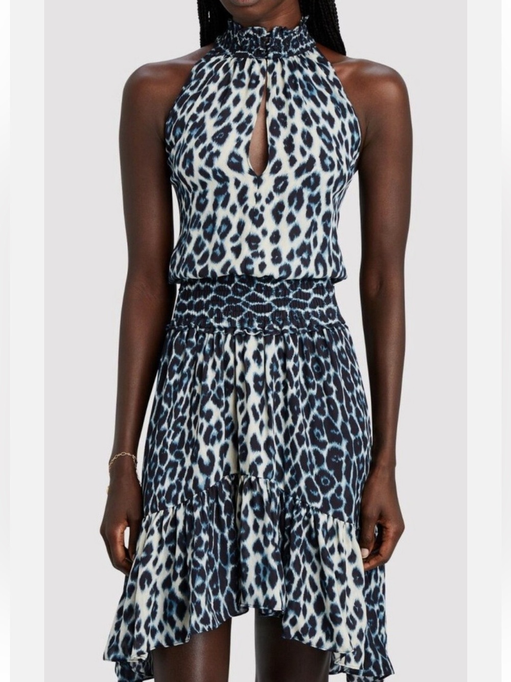 A.L.C. Cody Silk Halter Dress in the cream & blue leopard/cheetah print